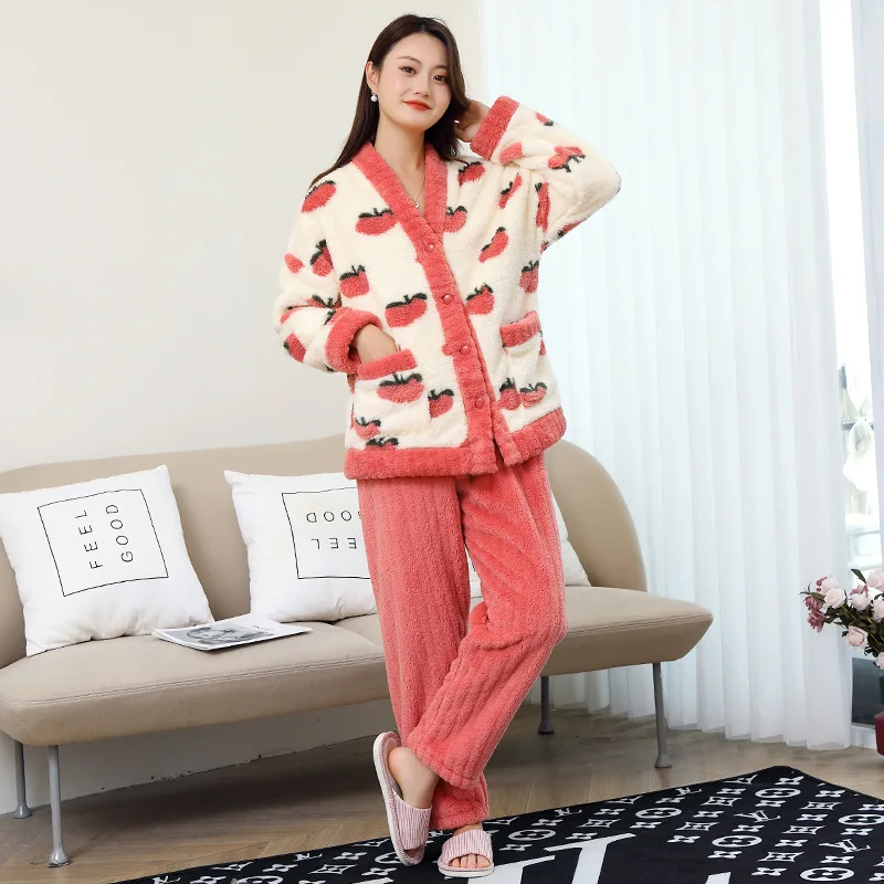 Autumn Winter Warm Flannel Women Pyjamas Set Peachthick Coral Velvet Long Sleeve Pajamas Set Leisure V-Neck Sleepwear for Lady