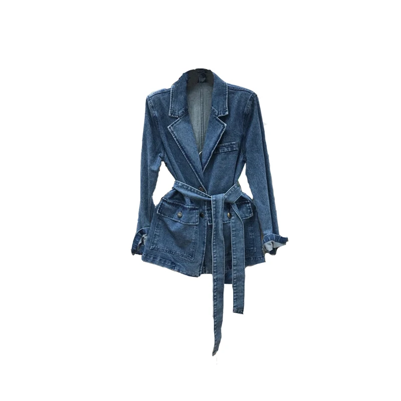 SuperAen Korea 2023 Autumn Winter New Fashion Suit Collar Wide Elastic Long Sleeve Denim Blazer Coat Women