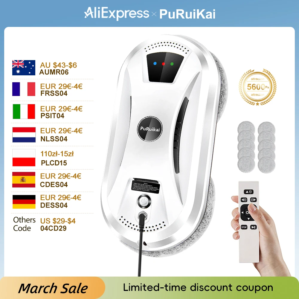 PuRuiKai AI Robot de nettoyage de vitres nettoyeur automatique intelligent sans traces pour fenêtres/carreaux/portes en verre autonettoyant Ultra silencieux