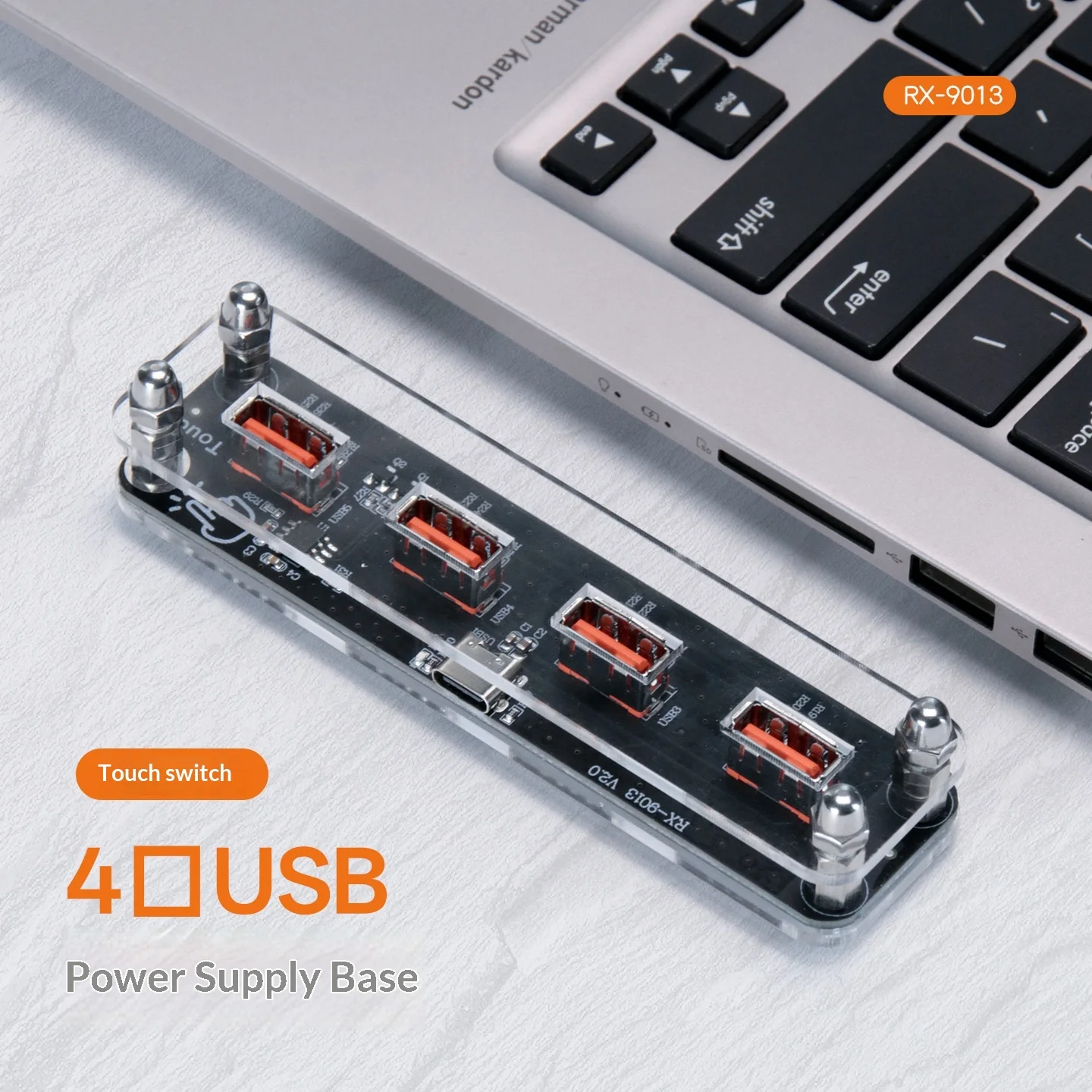 4-Port Transparent Acrylic USB Fast Charging Dock Type-C Input Touch Control Desktop Multi Device Power Supply Station