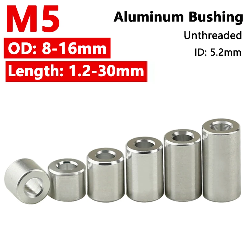 

10/50pcs M5 Aluminum Alloy Bushing Washer Unthreaded Round Hollow Standoff Spacer Gasket Sleeve OD 8/10/12/16mm Length 1.2-30mm