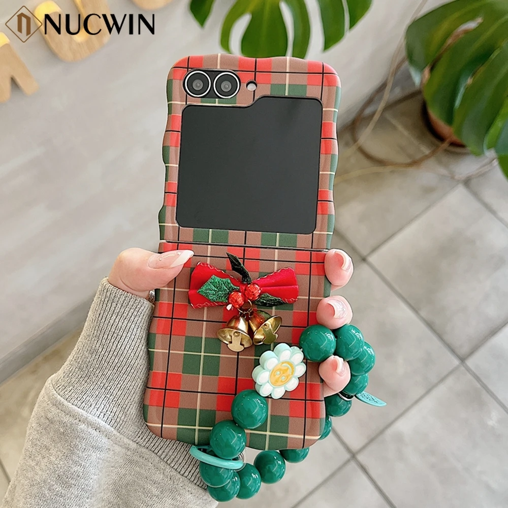 Christmas Bowknot Cherry Bell Case For Samaung Galaxy ZFlip 6 5 4 3 ZFlip6 With Flower Beads Wrist Chain Lattice Wave Edge Cover