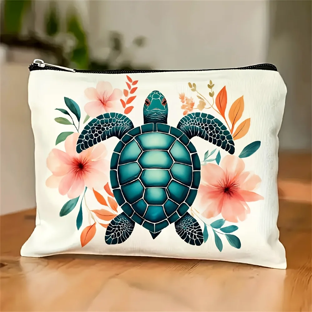 A Sea turtle floral patterned cosmetic bag - multifunctional zipper pouch, jewelry storage bag,