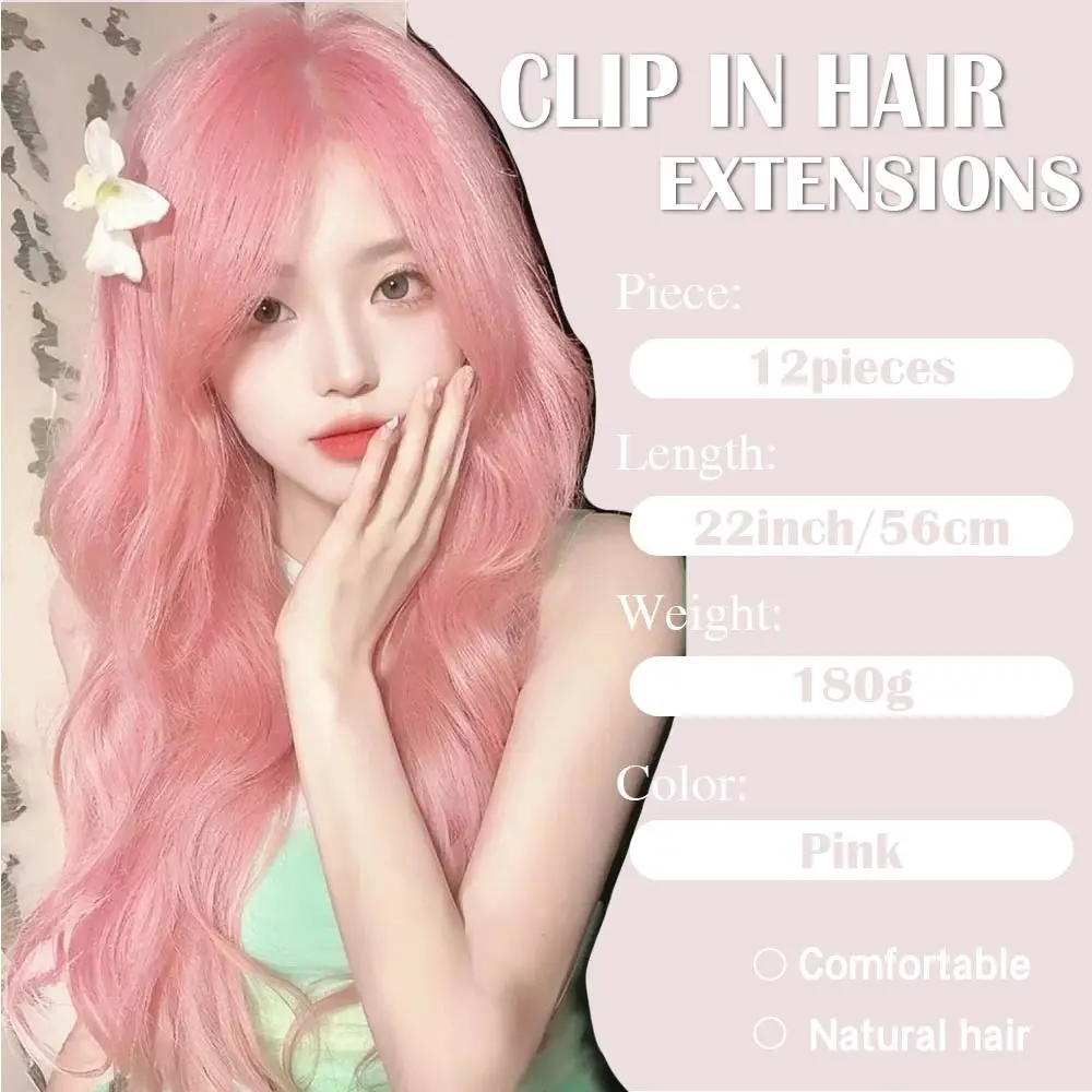 Pink Hair Extensions 12Pcs Clip in Hair Extensions 22 Inches Long Curly Hair Extensions Clip ins Soft Synthetic Hair Extensions
