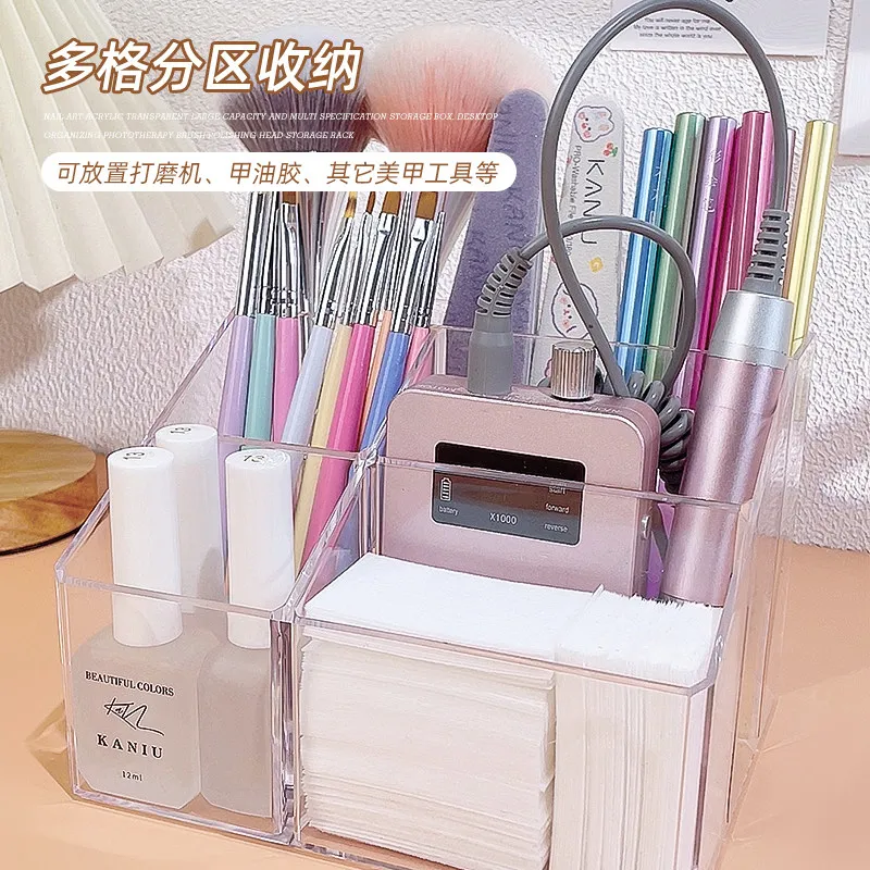 KANIU 1PC Clear Acrylic Nail Makeup Brush Holder Desk Cosmetic Organizer 5 Compartment Slanted Open Top Organizer Large Capacity