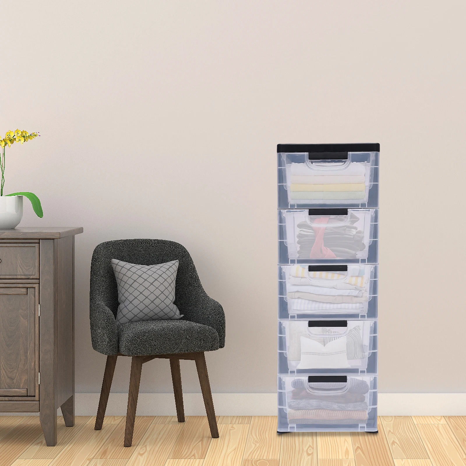 

Storage Tower Dresser Organizer Unit Home Furniture Plastic Storage Cabinet 5 Drawers Stackable Vertical Clothes