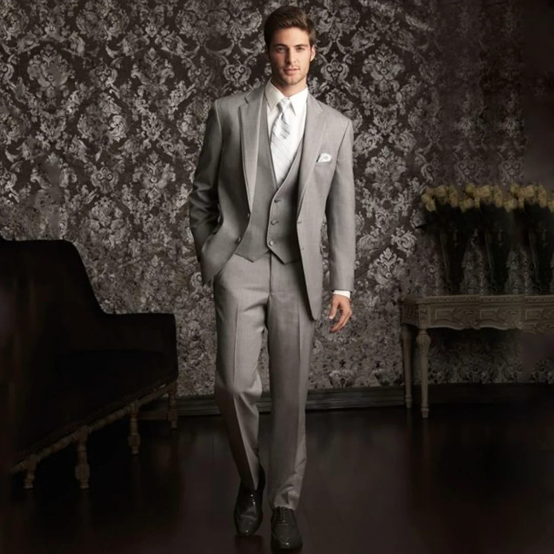 

Men Suit Gray 3 Pieces Single Button V Neck Solid For Wedding Birthday Business Banquet Office Jacket Vest With Pants