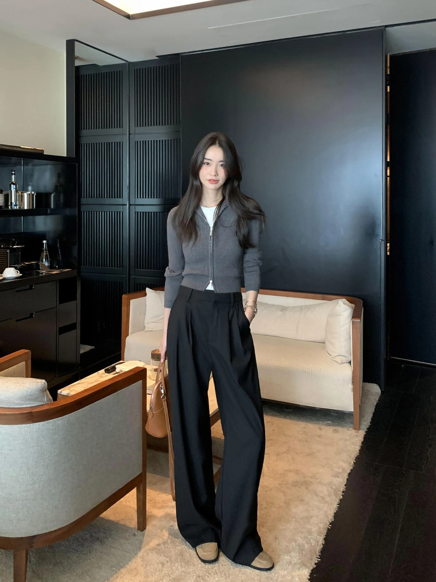 

Pusumede High Waist Wide Leg Suit Pants Women's Casual Drapey Floor-Length Bla Trousers Korean Sle Regular Thin