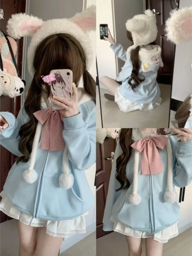 

Японская кавайная толстовка с капюшоном, пальто, женские осенне-зимние милые свободные куртки Y2K, эстетические синие топы в стиле гранж Mujer