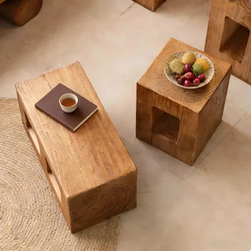 Medieval Style Solid Wood Pier Stool Coffee Table Sofa Side Table Tree Stump Log Base Ornament for Homestay Decoration
