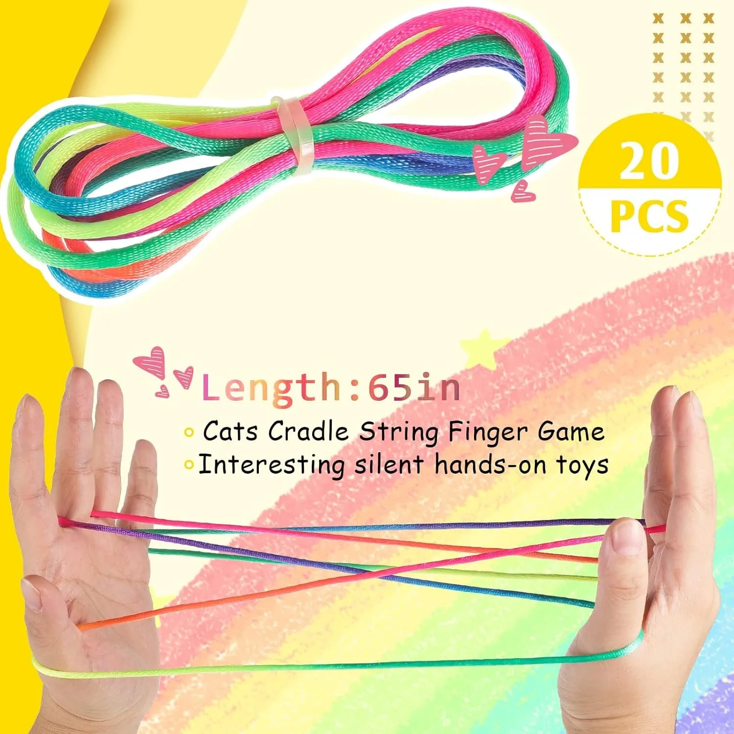 Rainbow Cats Cradle String 1.6M/63 Inch Long Rainbow Colourful Finger Rope Chinese Finger String Games Toy for Kids