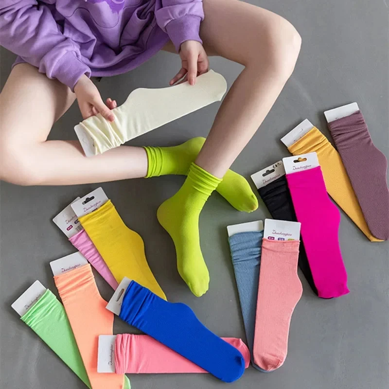 5Pairs Thin Ice Silk Women's Long Tube Sock Loose Calf Tube Sock Summer Nylon Sock Cool Mid Calf Socks College Style Solid Socks