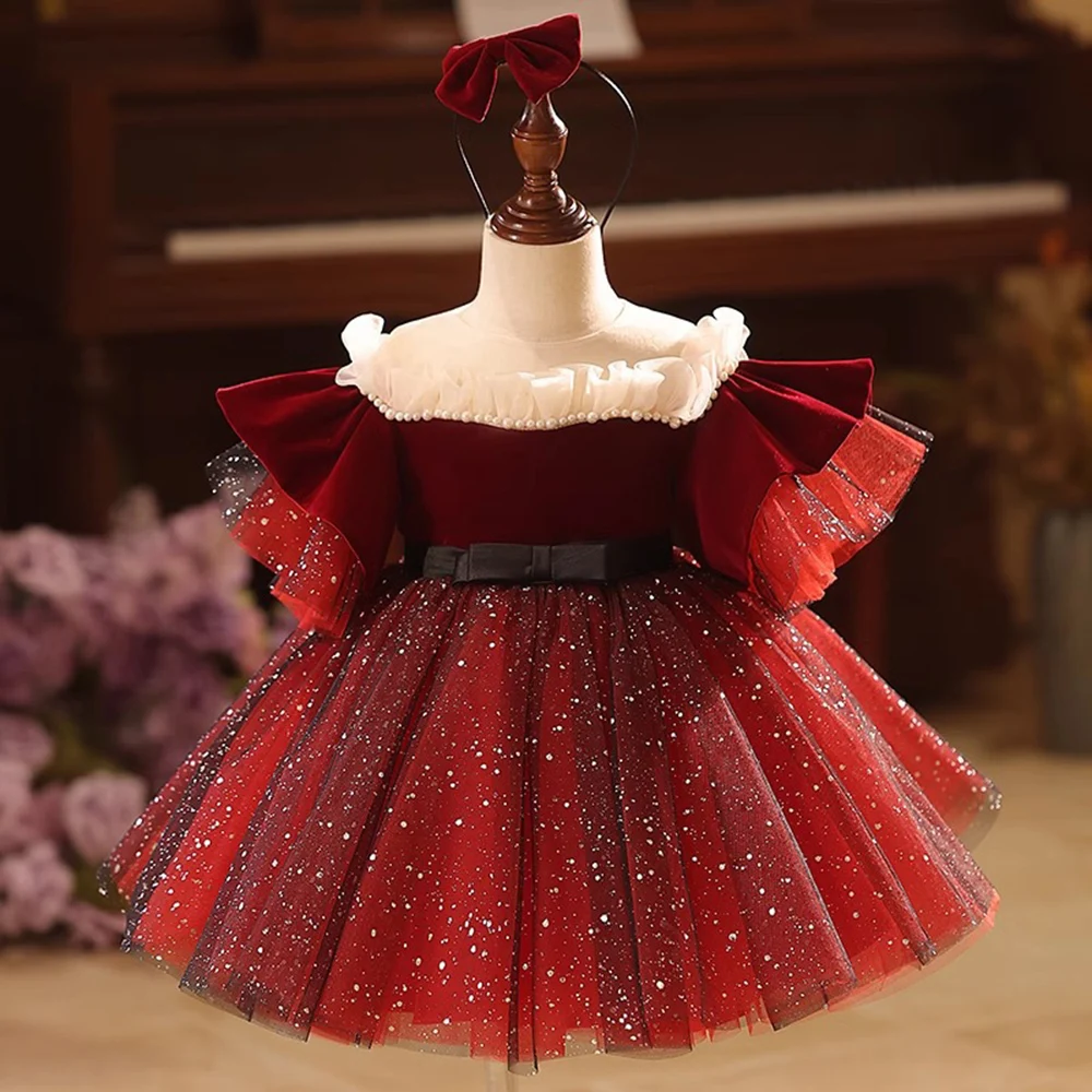 

Light Luxury Wine Red Children Princess Dress Wedding Flower Girl Dresses Splices Velvet Ruffles Collar A-line Performance Gown