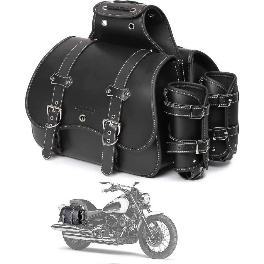 

High density Leather Motorcycle Saddlebags for Universal Motorbike Use with Cup Holder Waterproof Side Panniers and Tool Storage