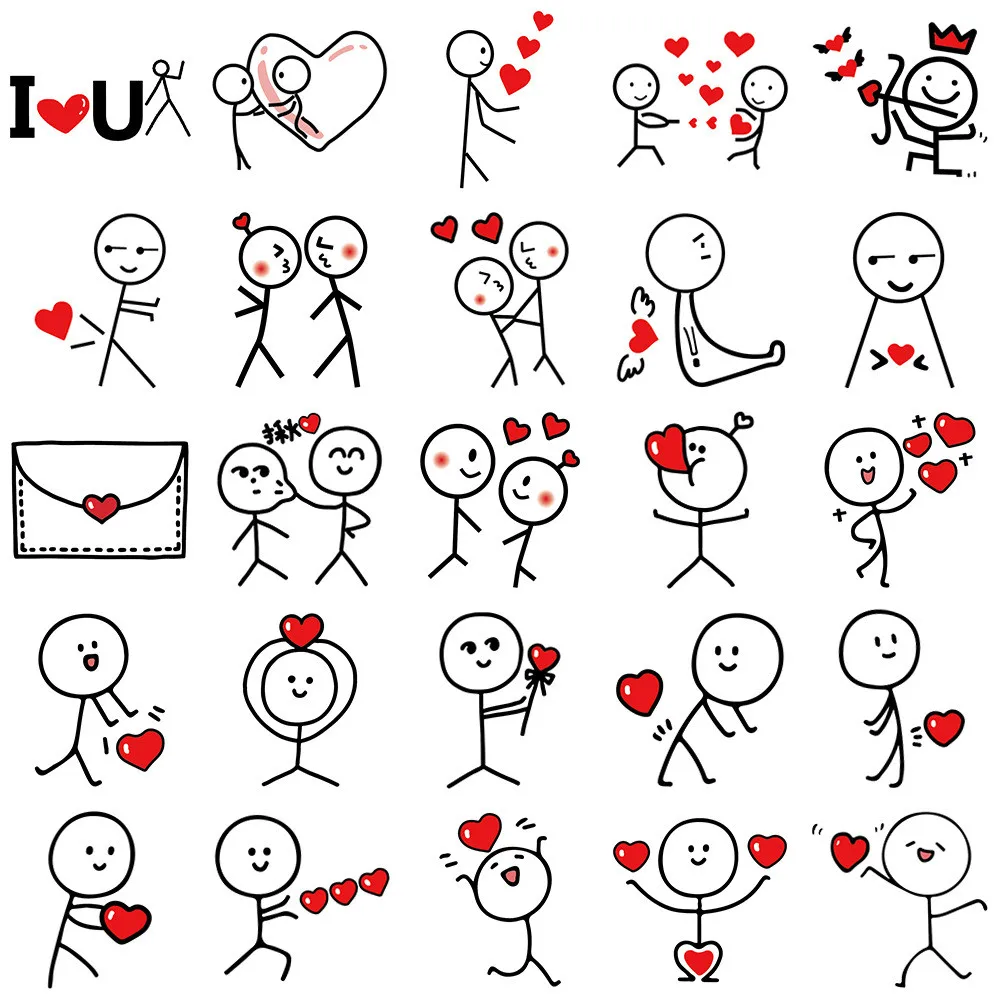 50Pcs Couple Stick Figure Doodle PVC Stickers - Luggage/Water Bottle/Bike Decor - Waterproof Self-Adhesive