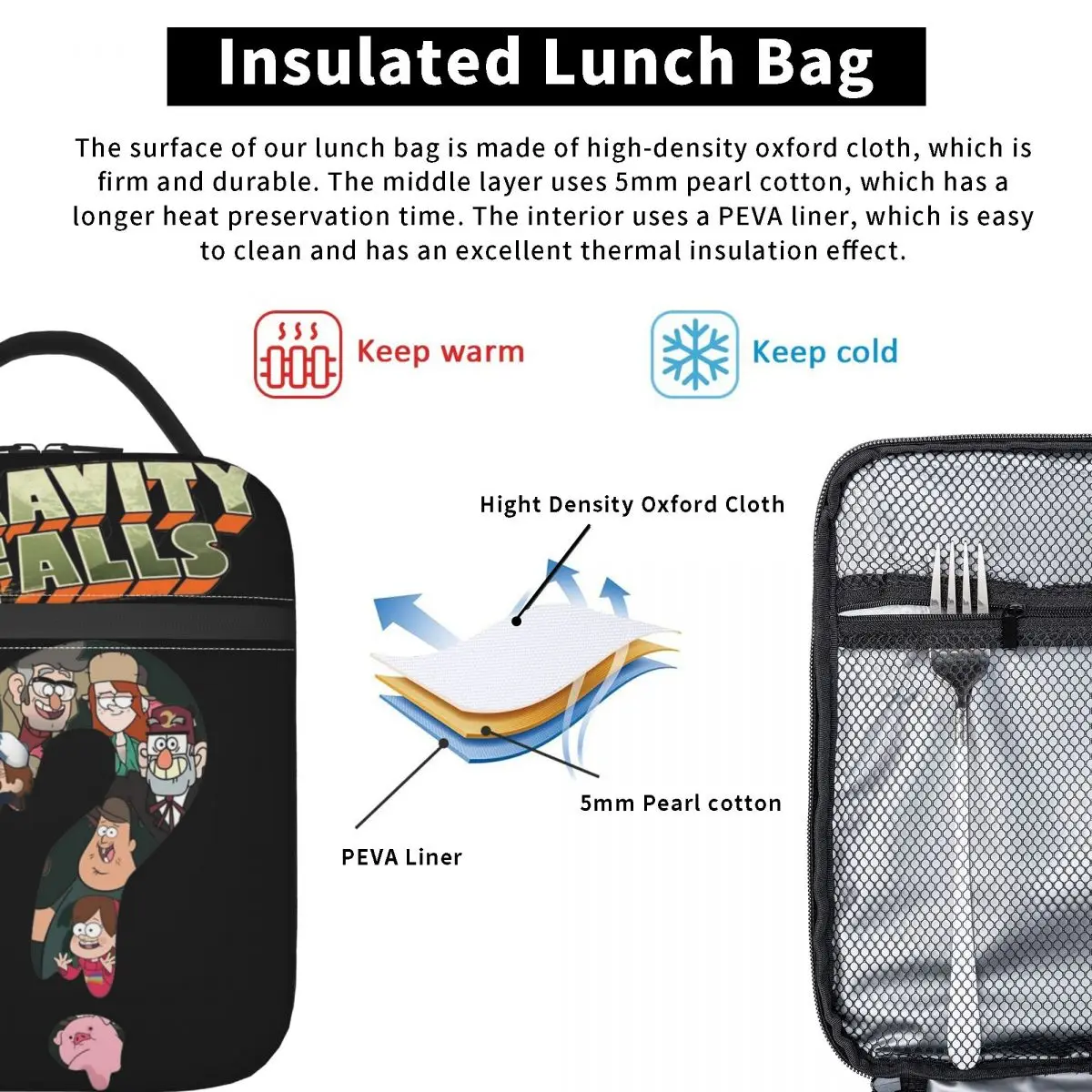 Gravitys Falls Funny Cartoon Thermal Insulated Lunch Bag for Picnic Portable Bento Box Cooler Thermal Food Box