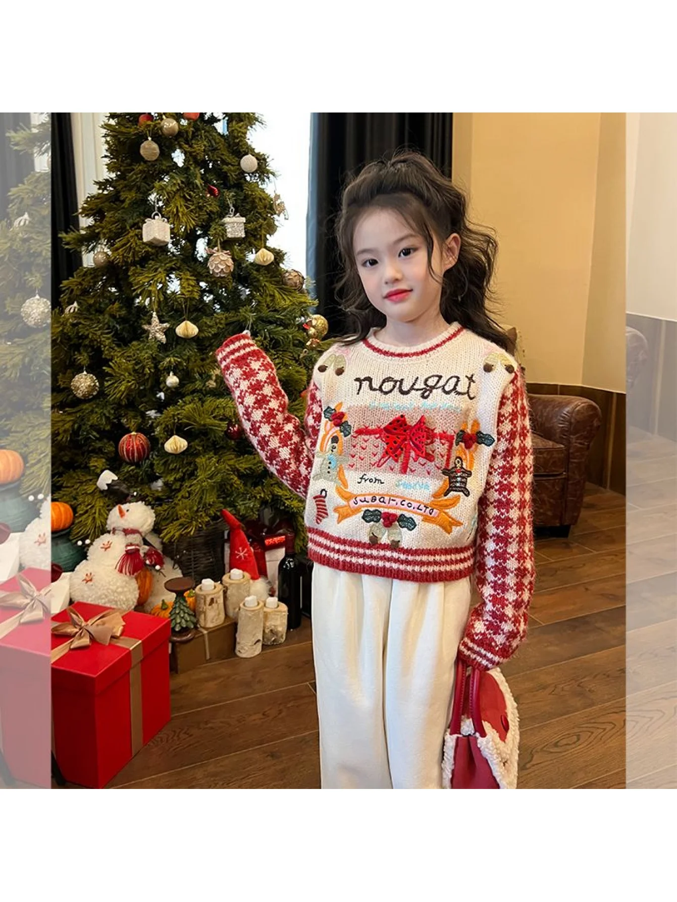 Children's Clothing Girls' Houndstooth Jacquard Embroidered Christmas Sweater Autumn and Winter Kidsren's Baby Knitwear