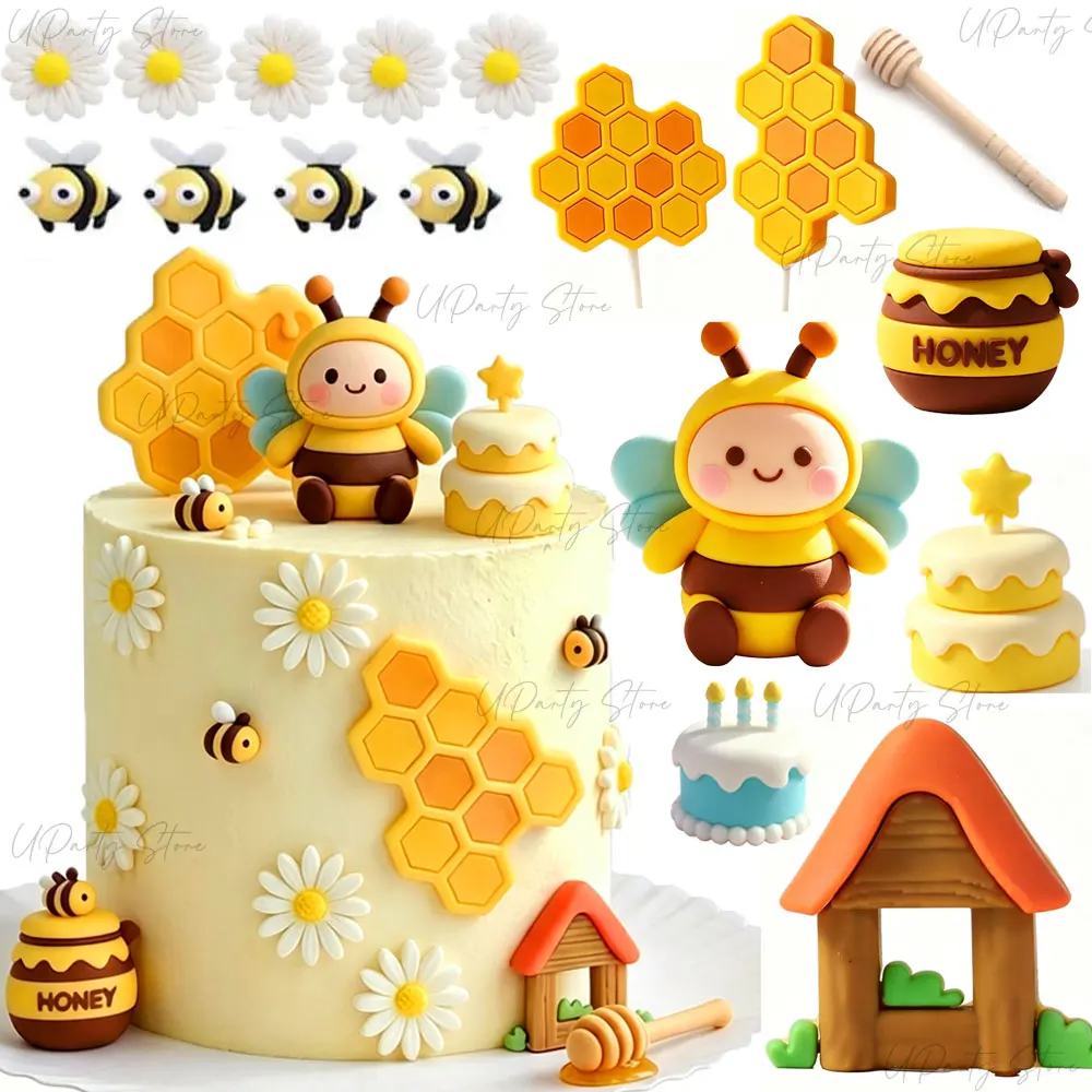 1 ensemble de décorations de gâteau abeilles, pots de miel, tournesols et alvéoles pour l'anniversaire des petites abeilles, les baby showers et la décoration de gâteaux de fête