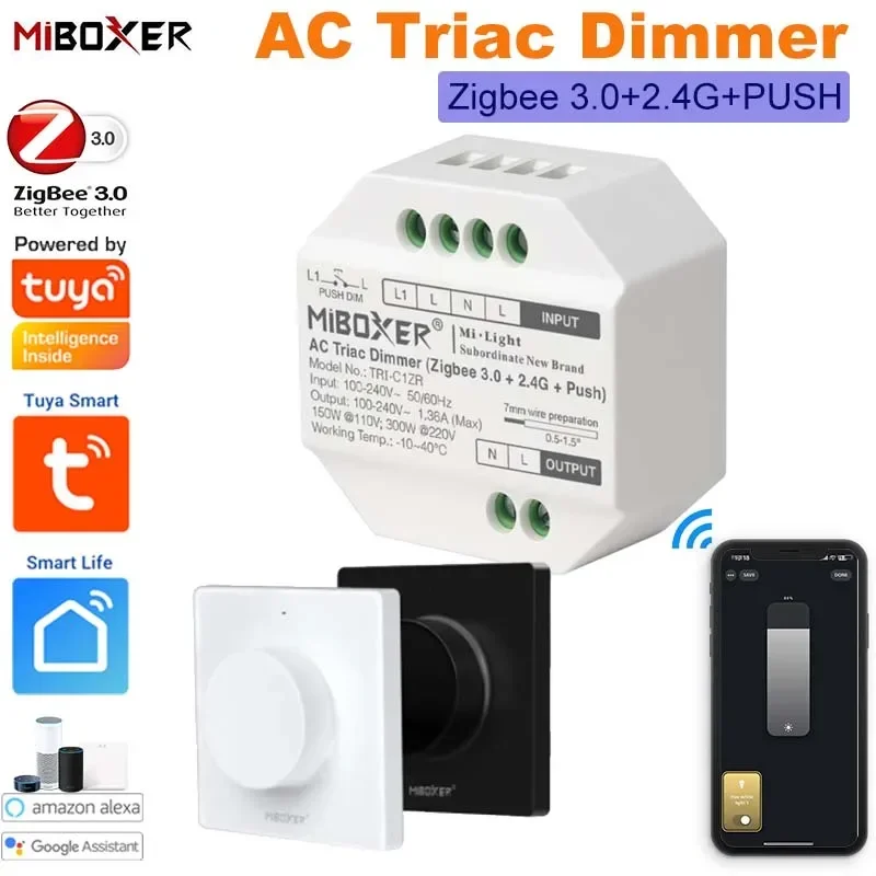 AC100-240V ZigBee 3.0 Triac Dimmer Filament/Halogen Lamps Switch Tuya Smart Life Voice Control Rotating Panel Remote dla Alexa