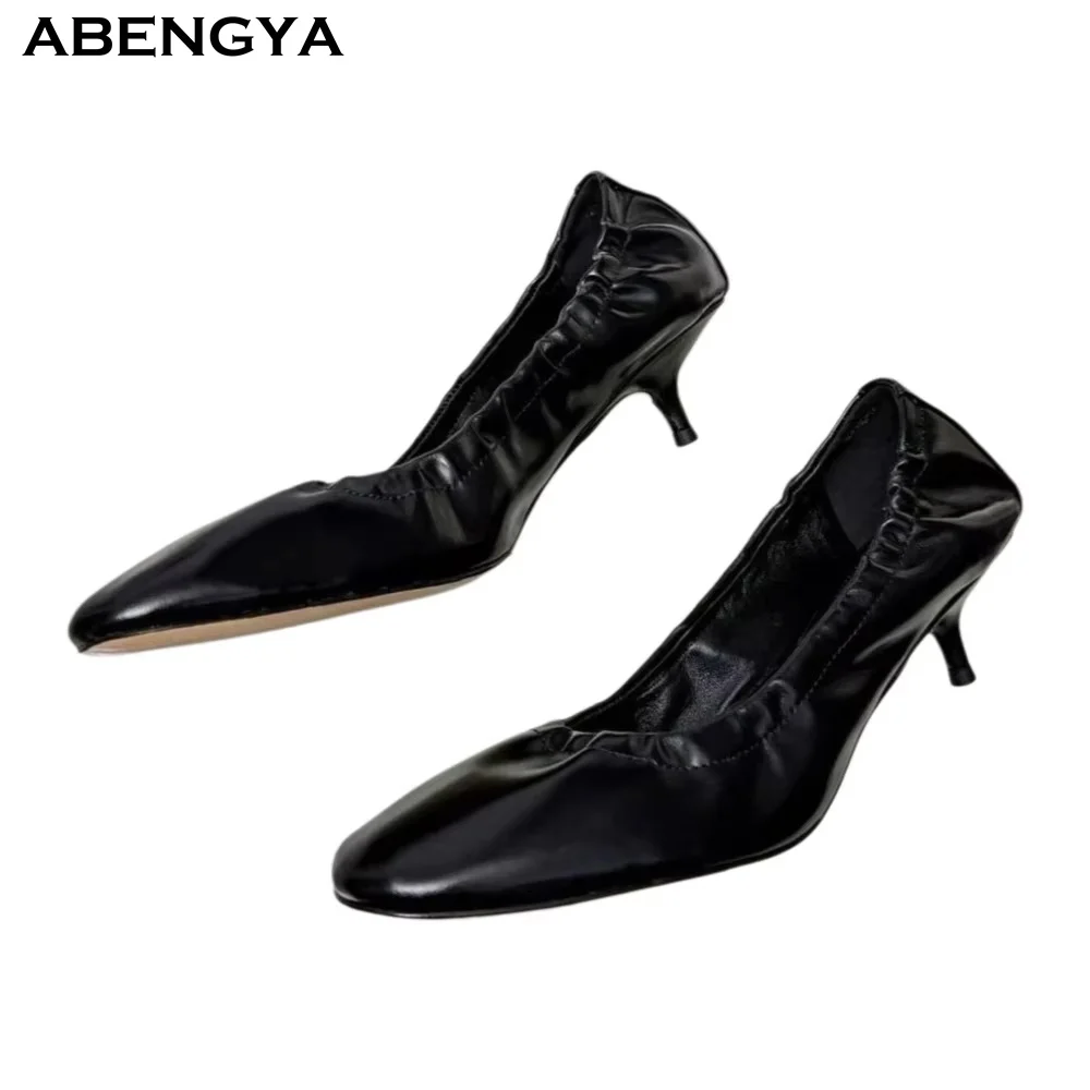 2026 Summer New Black Leather High Heels Shoes Women Round Toe Mules Dress Shoes Designer Fashion Party Banquet Shoes For Women