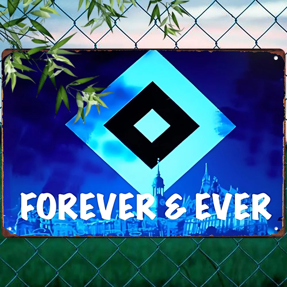 Sinal de lata de metal inspirado no equipe Hamburger SV - Arte de parede vintage "FOREVER & EVER" azul branco paisagem urbana, decoração durável para homem caverna,