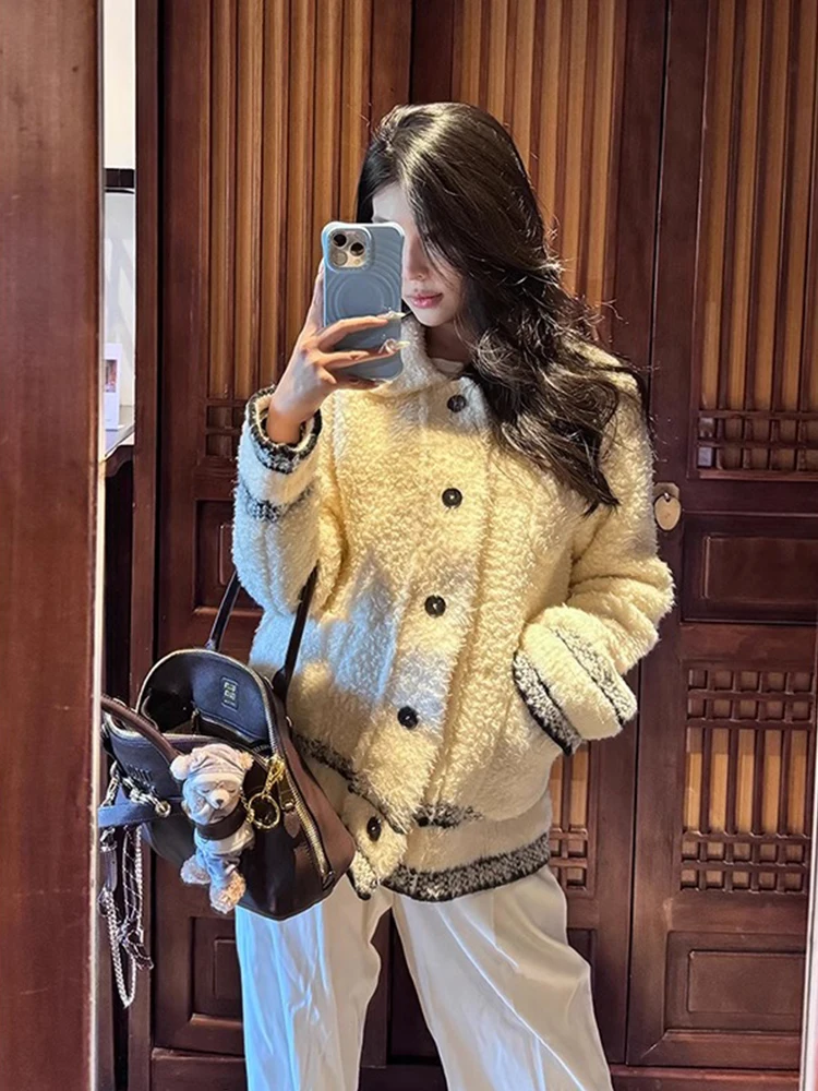 

BEARUN Ele Collar Lamb Fur Jaet Women's Winter Faion Single Button Open Cardigan Top Commute Sle Loose Fit