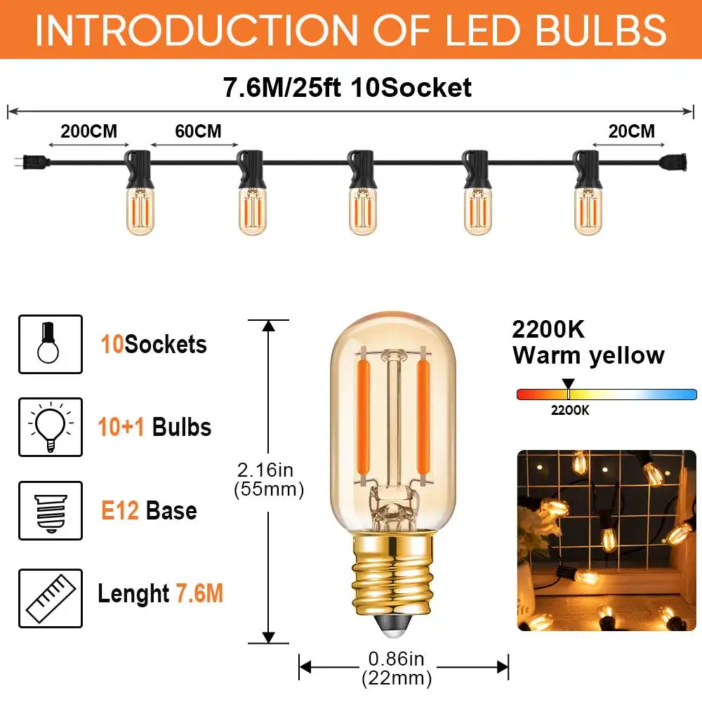 T22 Outdoor Patio String Lights Connectable E12 Vintage Light String for Porch Backyard Garden 1W Warm White 2700K Led Bulbs