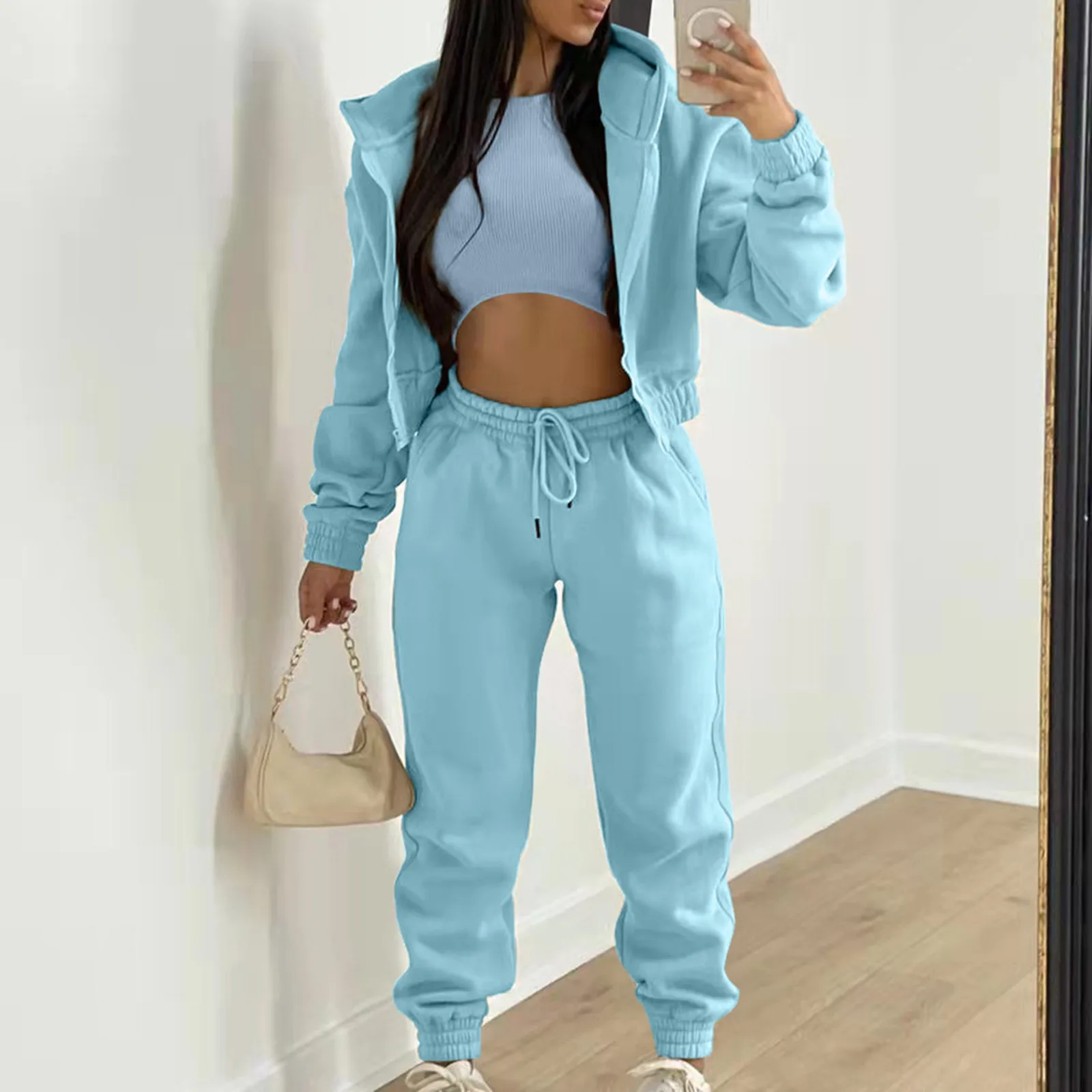 Women 3 Piece Sets Casual Long Sleeve Zip Hoodies+Ribbed Tank+High Waist Sweatpants Jogger Pant Suits Sporty Three Pieces Outfit