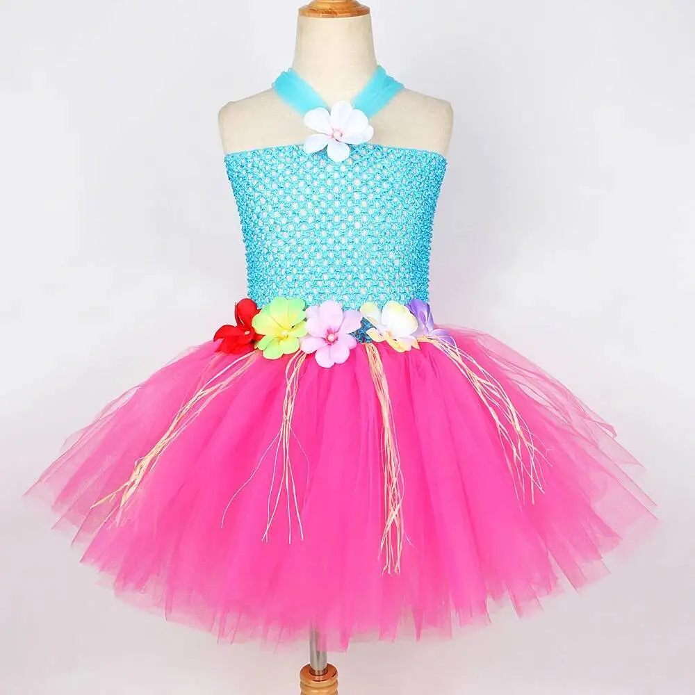 Flowers Hawaii Grass Costumes for Girls Hula Party Ballet Tutus Dresses for Kids Luau Dance Princess Outfit with Garland Ring view 3
