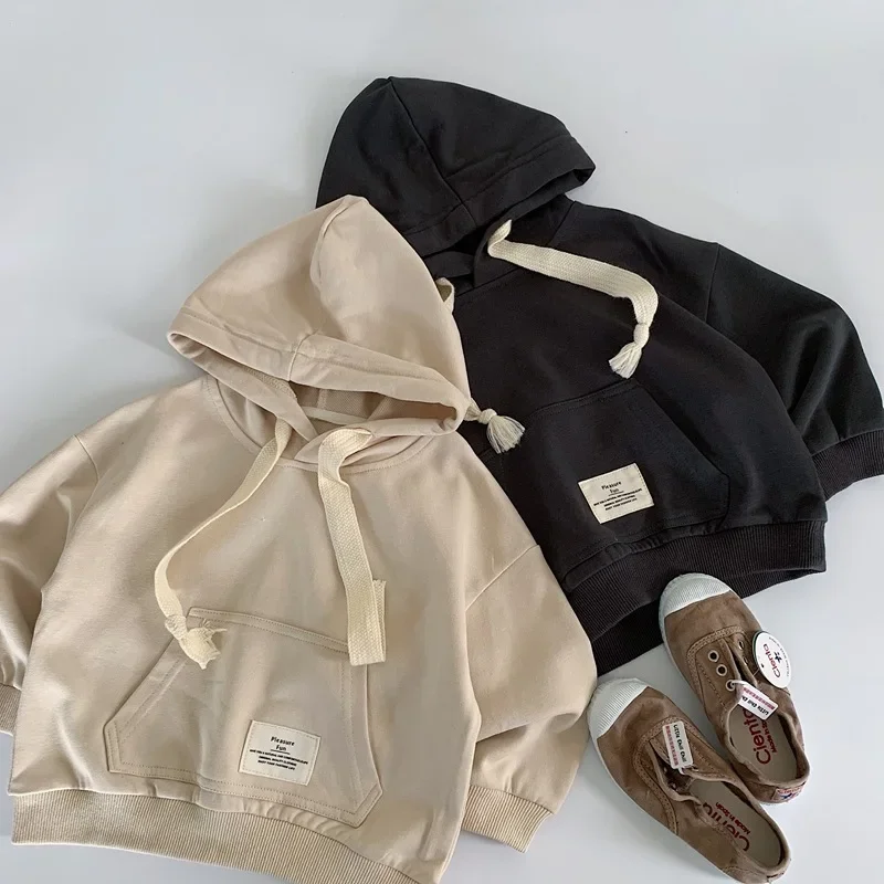 

2025 Kids Clothes Casual Hoodie Autumn Spring Unisex Children Sweatshirt 1-6Y Boys Girls Solid Color Sticker Top