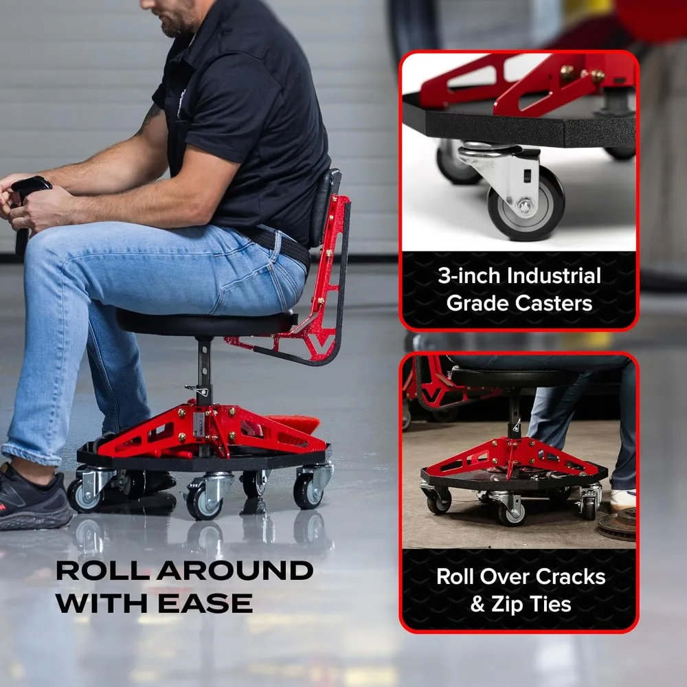كرسي متجر رياضي فولاذي للميكانيكا والسيارات DIY - مقعد جراج بسعة 300 رطل مع مسند ظهر وعجلات كبيرة