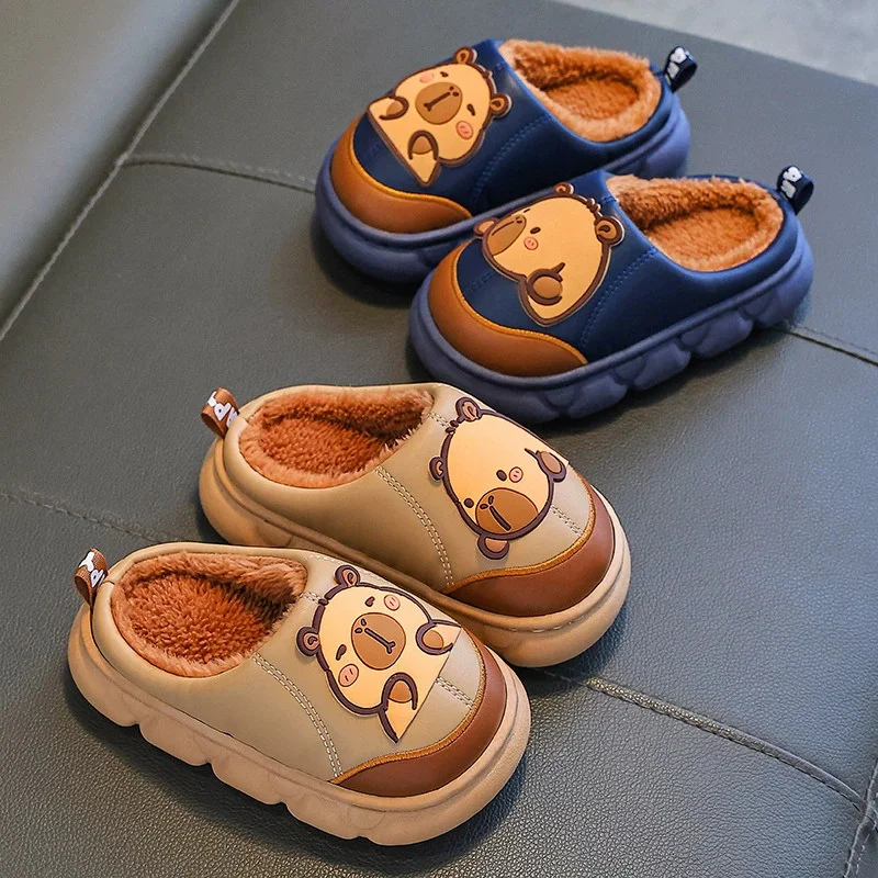 

Kids Winter Warm Cotton Slippers Cute Capybara Slip-On Shoes for Boys Girls PU Leather Soft Non-Slip Soles Lightweight Easy Wear