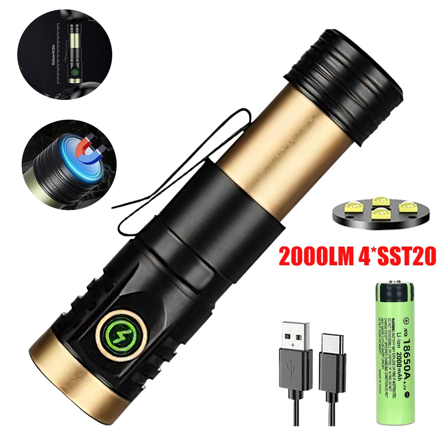 6 Modes Mini LED Flashlight with Magnet USB Rechargeable Lantern with 18650 Battery Cap Clip Torch for Camping Fishing Outdoors