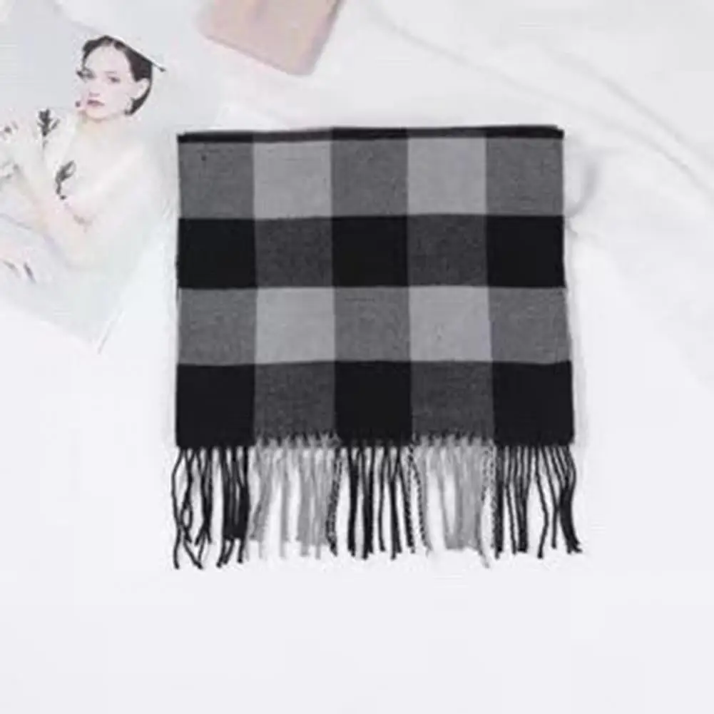 Men Scarf Stylish Plaid Pattern Men's Scarf with Tassel Trim Long Wrap Imitation Cashmere Thermal Insulation Scarf for Daily