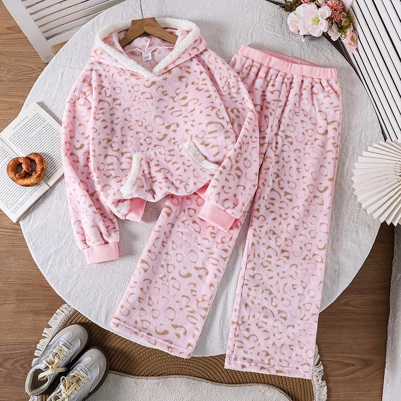 Pink Leopard Print Fleece 2 Piece Set for Girls 8-12, Winter Hooded Top & Long Pants, Soft Warm Fluffy Casual Daily Outfit