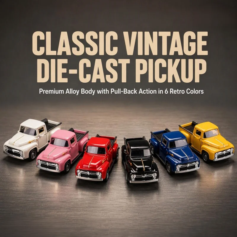 1:36 Scale Classic Vintage Pickup Diecast Car Model Set, 6 Retro Colors, Pull Back Alloy Vehicle, Desktop Collectible Ornament