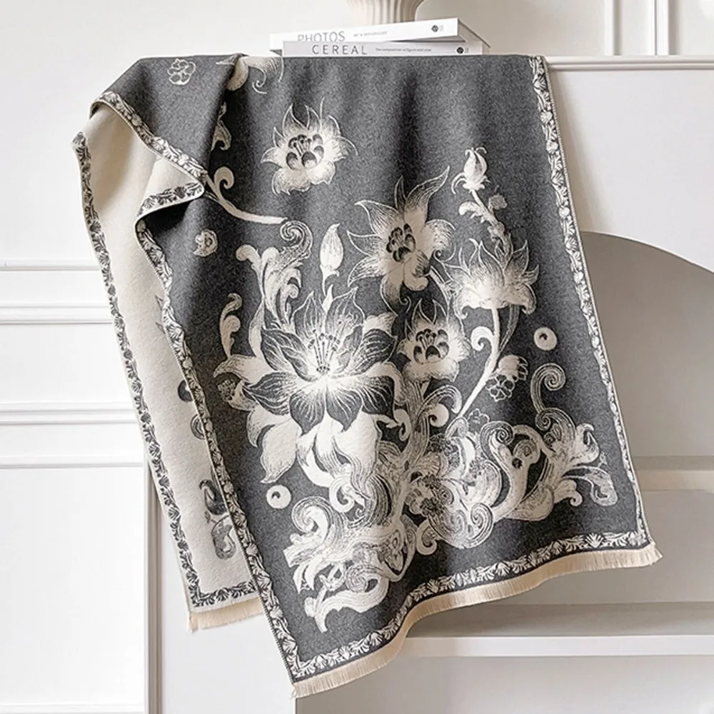 

Luxury Versatile Imitation Cashmere Scarf Lotus Print Windproof Pashmina Blanket Scarves Thick Warm Poncho Scarves for Women