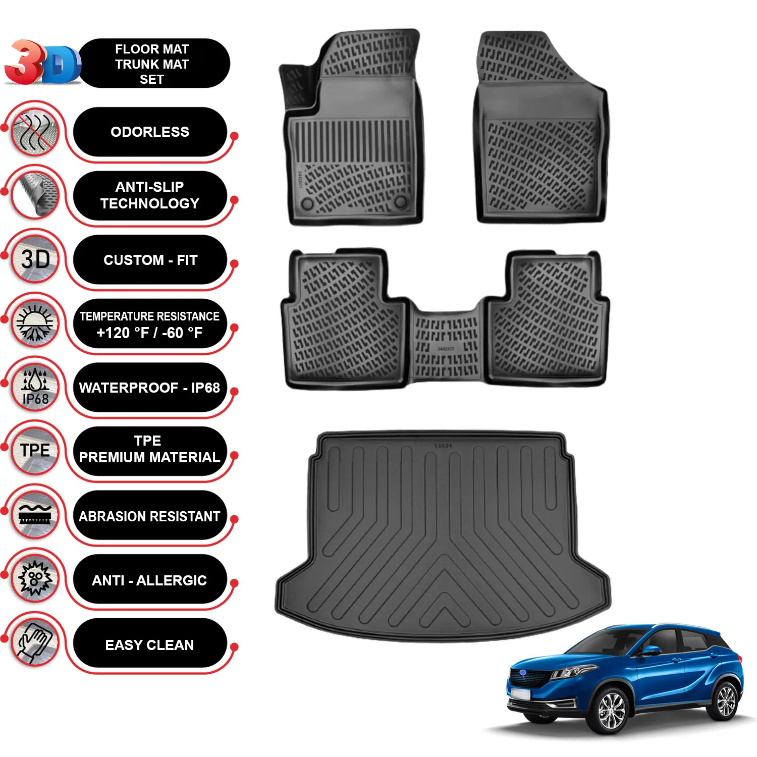 Seres 3 - (2021-2023) - Floor Mats + Cargo Trunk Liner - SET - (Black)