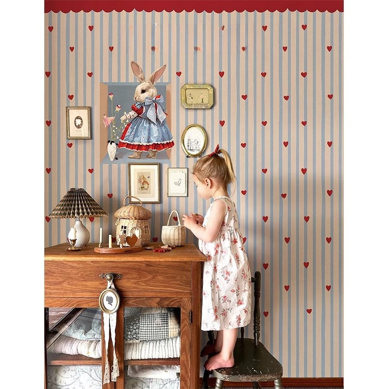 Blue striped children's room wallpaper love rabbit retro Nordic wallpaper bedroom wall covering