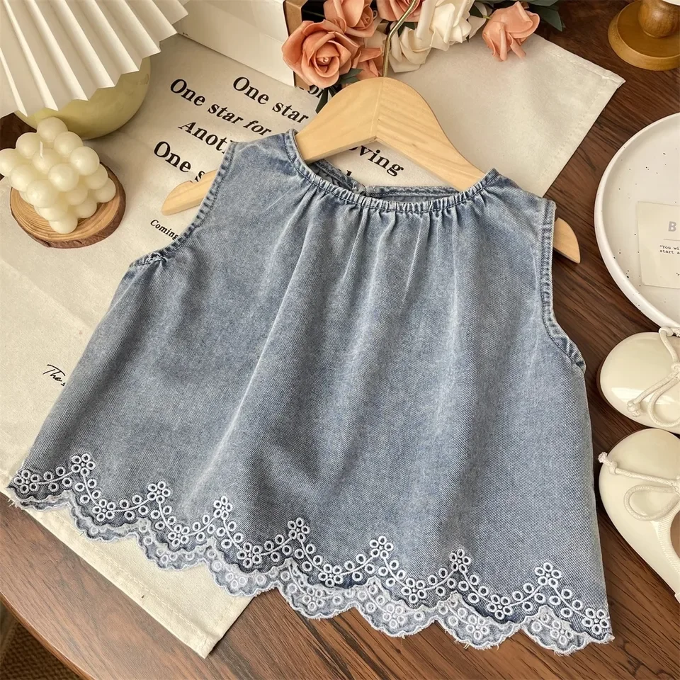 Korean Summer Girls Water Wave Edge Embroidered Denim Tank Top Doll Shirt Wide Leg Pants Two Piece Set Children Clothing