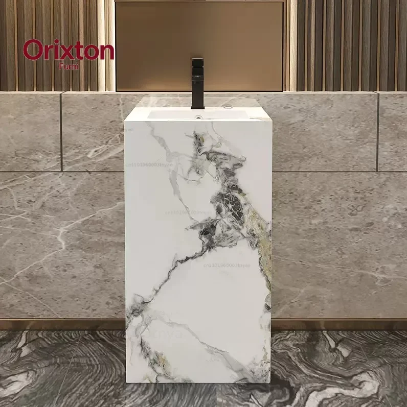 Hot Sale Floor Mounted Freestanding One Piece Modern Sintered Slate Hand Wash Pedestal Wash Basin With Storage Layer
