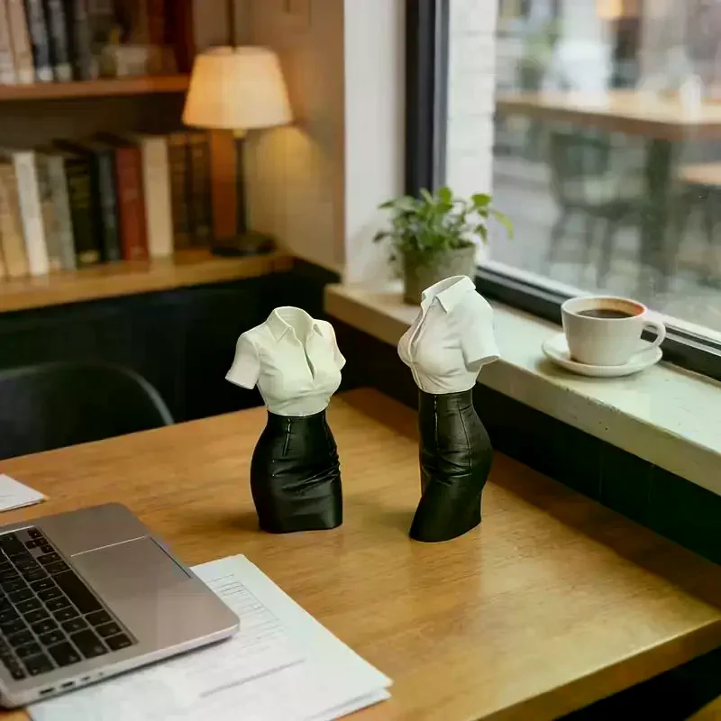 3D Printed Creative Ornament, White Shirt & Leather Skirt Office Lady Half-Body Statue, Desktop Stress Relief Decor