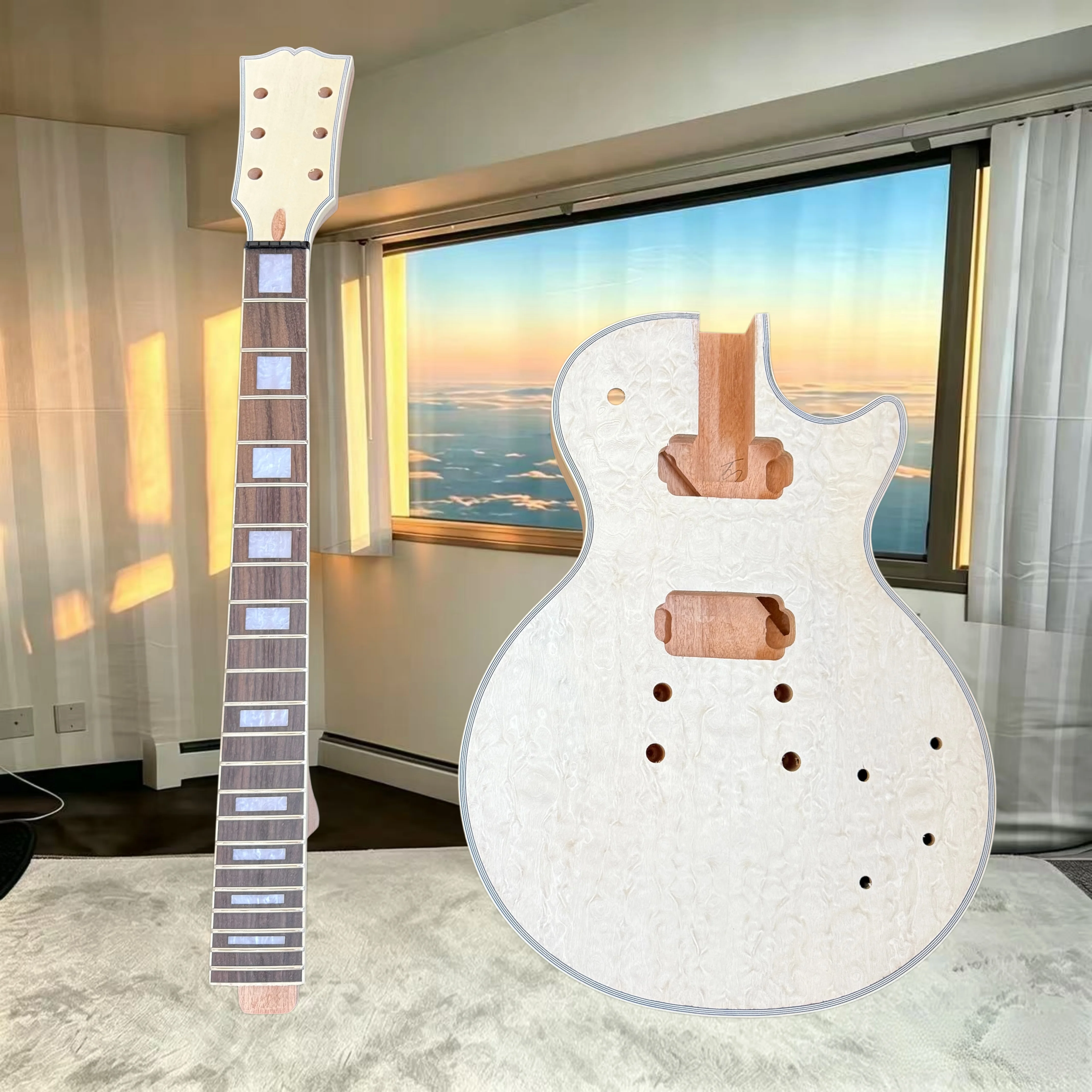 LPOY Electric Guitar DIY Kit, Quilted Veneer Unfinished Body Neck Pearl Inlay Luthier Hand‑Build Raw Guitar Parts Free Shipping