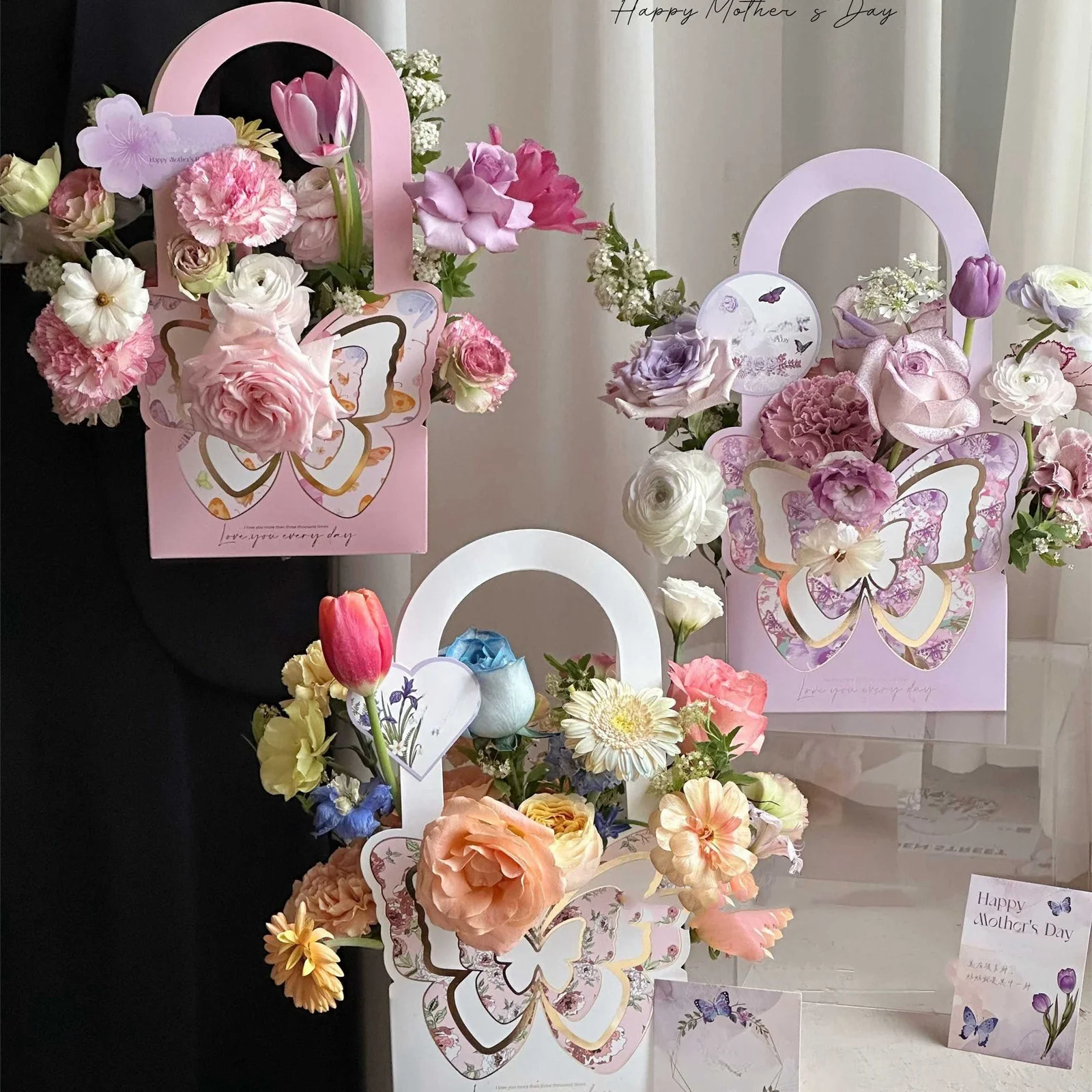 6pcs Butterfly Fluttering Handbag Flower Arrangement Gift Folding Hand Carrying Basket Birthday Party Christmas Bouquet Case