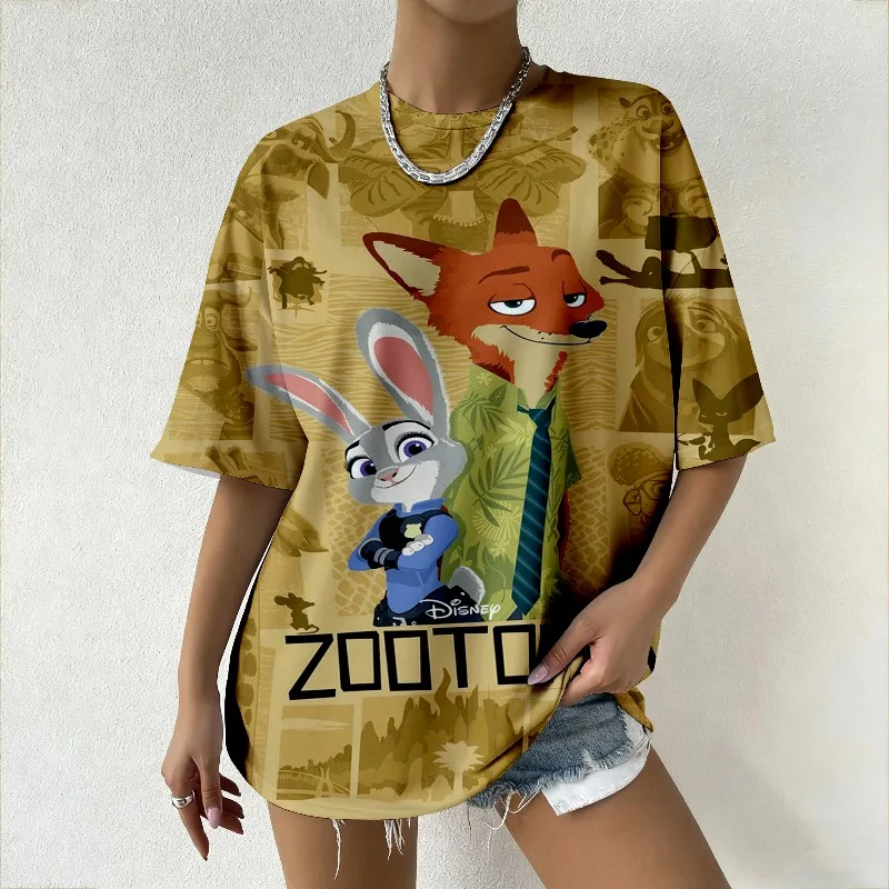 2025 جديد Zootopia Judy & Nick مطبوعة المرأة Y2K ماركة ديزني المتضخم تي شيرت الصيف موضة الشارع نمط اليومية رداء علوي غير رسمي
