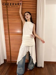 CHEERART Backless Sleeveless White Designer Dress For Women 2023 Ruched Asymmetrical Summer Dress Fashion Clothing