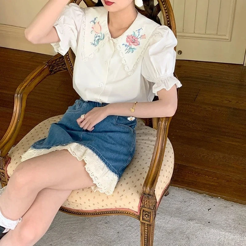 MEXZT Vintage Sweet Shirts Women Embroidery Floral Print Blouses Summer Korean Preppy Student Puff Short Sleeve Casual Tops New