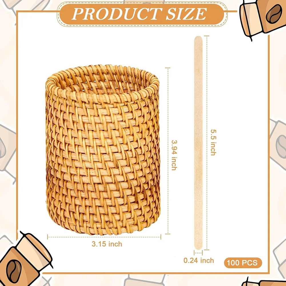 Wooden Coffee Stirrers 100 pcs in Rattan Basket Holder for Beverage Mixing at Cafes Bars Restaurants and Home Settings