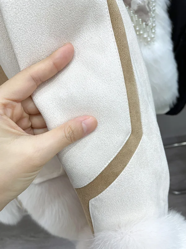 2024 New Real fur,Warm Suede Leather White Duck Down Coat For Women Luxury Real Fox Fur And Leather One Pieces Jacket Female Win