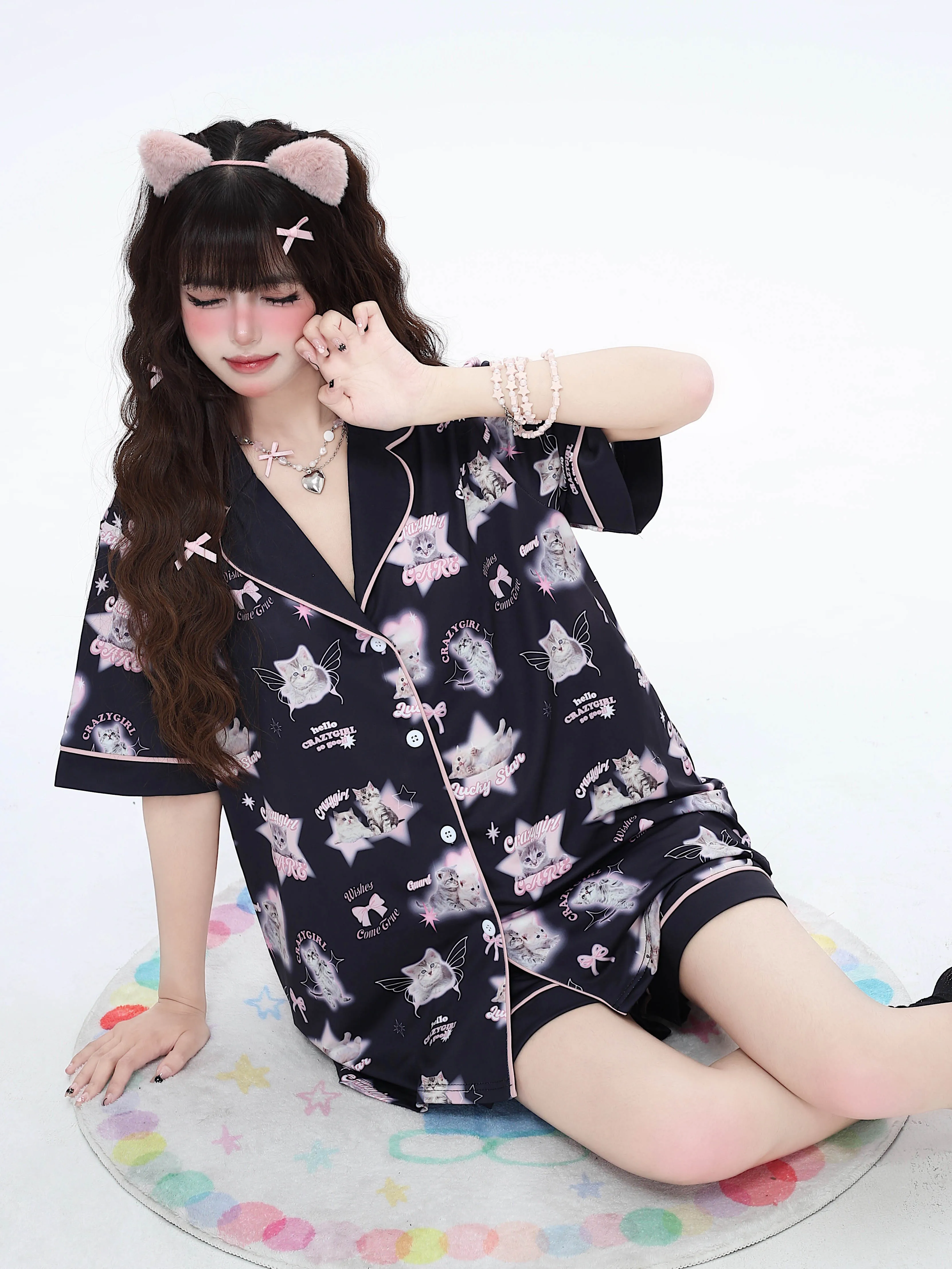 Dophee Original Women Loose Pajamas New Spring Summer Short Sleeve Comfortable Pajama Set Cute Cats Top + Shorts Loungewear Suit